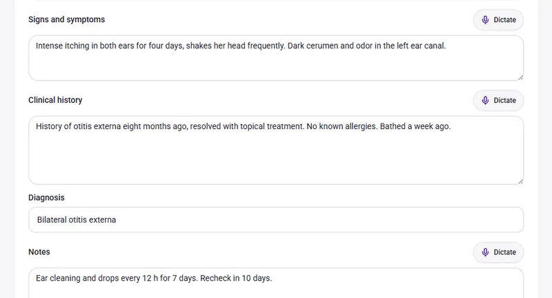 Medical notes by voice dictation