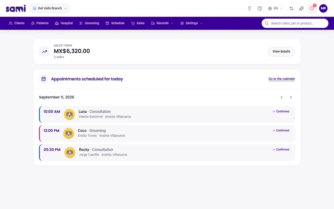SAMI dashboard with the day’s sales and appointments